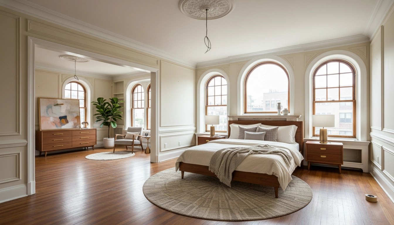 bedroom staged in mid-century-modern style
